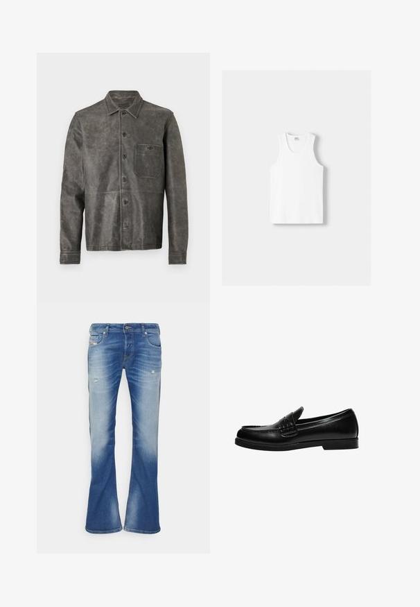 Gray leather jacket with a collared neckline, button closure, single chest pocket, and seam detailing on the front and sleeves.; White cotton tank top with a round neckline, wide shoulder straps, and a straight hem, featuring a smooth texture and no visible patterns.; Blue faded bootcut jeans with slight distressing on front thighs and classic five-pocket design on white background.; Black leather loafer with a smooth finish, featuring a stitch detail on the vamp and a low, solid black rubber sole.