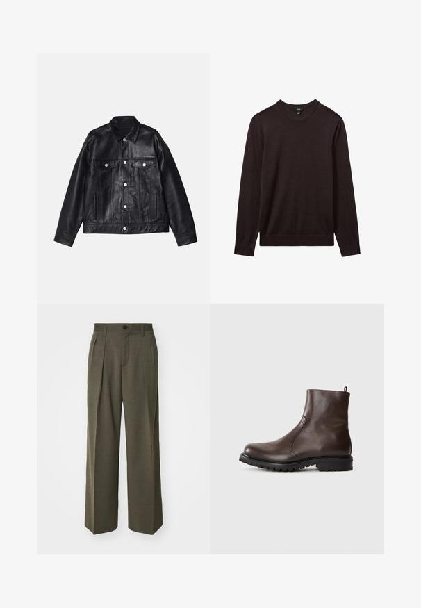 Won Hundred EZRA - Jachetă piele - washed black; Reiss Pulover - dark bordeaux; Filippa K WIDE TROUSERS - Pantaloni - driftwood; Botină din piele maro, cu o textură netedă, panouri elastice pe laterale, buclă în partea din spate și talpă din cauciuc robustă.