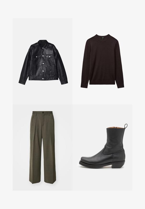 Won Hundred EZRA - Usnjena jakna - washed black; Reiss Pulover - dark bordeaux; Filippa K WIDE TROUSERS - Hlače - driftwood; Črne usnjene gležnjarje z gladko teksturo, ozkim profilom, stranskimi šivi in nizko kvadratno peto. Imajo zanko na hrbtni strani za lažje obuvanje.