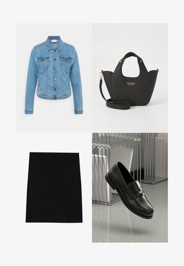 Vaaleansininen farkkutakki, jossa napitus, kaksi rintataskua ja pitkät hihat. Ominaisuuksiin kuuluvat kontrastiväriset tikkausranne ja klassinen kaulussuunnittelu.; Valkoinen pitkähihaisen ribbipaita pyöreällä kaula-aukolla. Kangas on sileä, siinä on hienovarainen tekstuuri ja tiukka muotoilu. Ei näkyvää varustusta tai kuvioita.; Mustat minihameet pehmeästä kankaasta, tiukka muotoilu, sivussa on pieni halkio lisäyksinä.; Musta nahkainen loafers-malli, jossa on sileä pinta, koristeellinen nauha ja pieni kultainen yksityiskohta. Pohja on tasainen ja varvasosa pyöristetty.; Musta teksturoitu käsilaukku lyhyillä kahvoilla ja irrotettavalla olkahihnalla. Koristeena kultainen logo. Kompakti, rakenteellinen muoto.