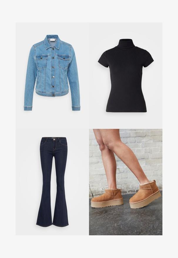 Heledsinine teksajakk nupuvajutusega, kahte rinna taskut ja pika varruga. Omab kontrastset tikandit ja klassikalist krae kujundust.; Must musta, lühikeste varrukatega kõrge kaelusega turtleneck särk, valmistatud ribakanga materjalist, millel on õhuke lõige ja kõrge kaelus. Lihtne ja tekstuurne muster.; Tumedast denimist valmistatud flared teksad, millel on sobiv puusavöö, eesmine nööbikinnitus, viie taskuga disain ja õmblusest detailid jalgadel.; Pruunist seemsest valmistatud pahkluu saapad, millel on pehme vooder, paks beež platvormi konts ja tagumine tõmblukk. Tekstureeritud pind nähtavate õmbluse detailidega.