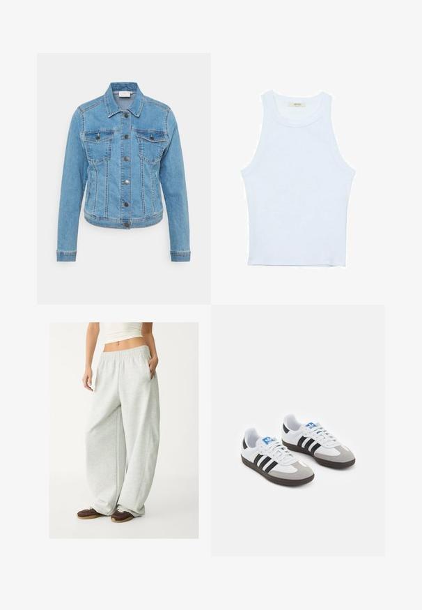 Jeansowa kurtka w jasnoniebieskim kolorze z zapięciem na guziki, dwiema kieszeniami na piersi i długimi rękawami. Posiada kontrastowe szwy i klasyczny design kołnierza.; Biały top bez rękawów, prążkowana tekstura, okrągły dekolt, dopasowany krój, subtelne logo na metce wewnątrz obszaru kołnierza.; Jasnoszare spodnie dresowe z elastycznym pasem, bocznymi kieszeniami i luźnym krojem. Wykonane z miękkiej, teksturowanej tkaniny; posiadają subtelne szwy.; Buty sportowe z białą skórzaną cholewką, szarym zamszowym noskiem i trzema czarnymi paskami. Posiadają niebieskie logo na języku oraz teksturowaną gumową podeszwę.