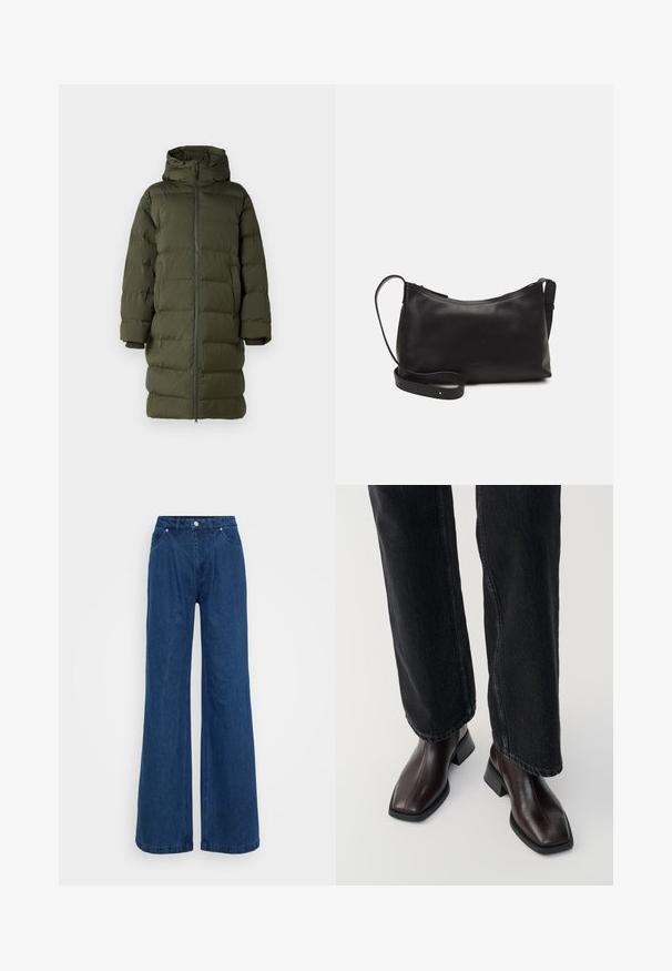 Olive green puffer coat with a hood, featuring a full-length front zipper, quilted design, and cuffed sleeves. Smooth, insulated fabric.; White knit sweater with a crew neck and relaxed silhouette. Features ribbed cuffs and hem, made from a soft textured material.; ONLY Tall ONLRILEY - Wide Leg - dark blue denim; Brown leather ankle boots with a square toe and block heel, paired with black wide-leg jeans. Smooth texture and minimalistic design.; Black leather shoulder bag with a smooth texture, curved shape, adjustable strap, and a zip closure. Minimalist design without embellishments.