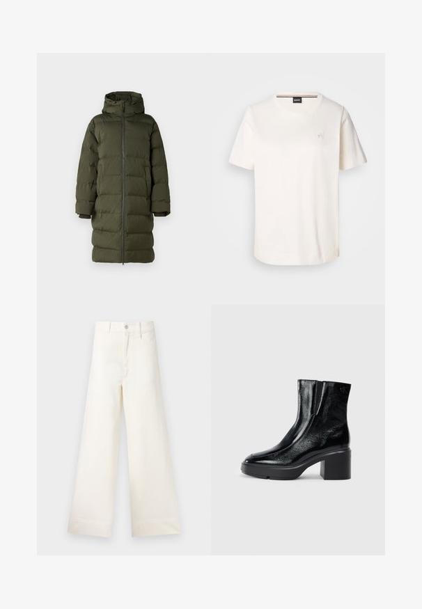 Olijfgroene pufferjas met een capuchon, voorzien van een volledige rits aan de voorkant, een gewatteerd ontwerp en cuffs. Glad, geïsoleerd materiaal.; Witte katoenen t-shirt met korte mouwen, ronde halslijn en een klein logo op de borst. Gladde textuur en rechte onderrand.; Bredere broek van lichtbeige katoen. Heeft een hoge taille, voorzakken en een rechte snit. Schoon afgewerkte zoom zonder patronen.; Zwarte gepatenteerde leren enkellaarsjes met een gebogen neus, elastische zijpanelen en een chunky blokhak. Voorzien van een reliëflogo aan de achterkant.