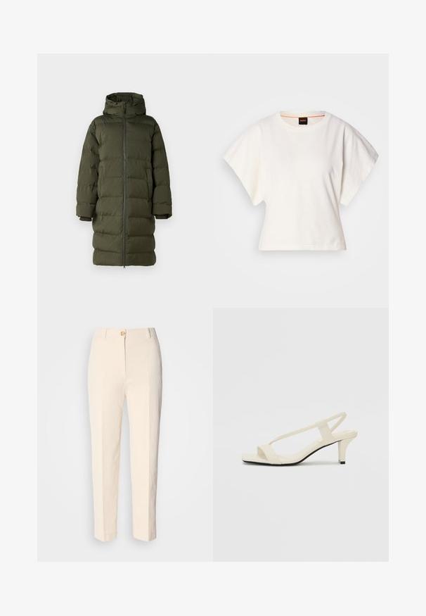 Olijfgroene pufferjas met een capuchon, voorzien van een volledige rits aan de voorkant, een gewatteerd ontwerp en cuffs. Glad, geïsoleerd materiaal.; Witte gecropte T-shirt, korte brede mouwen, zachte katoenmaterialen, ronde halslijn met subtiele oranje rand, minimalistisch ontwerp, geen patronen of graphics.; Crèmekleurige, hooggerocalde broeken van een gestructureerde stof. Voorzien van een sluiting met knoop aan de voorkant en taps toelopende pijpen.; Beige blockhak sandalen met dunne bandjes en een vierkante neus. Glad materiaal met minimale details, ontworpen voor eenvoudig dragen.