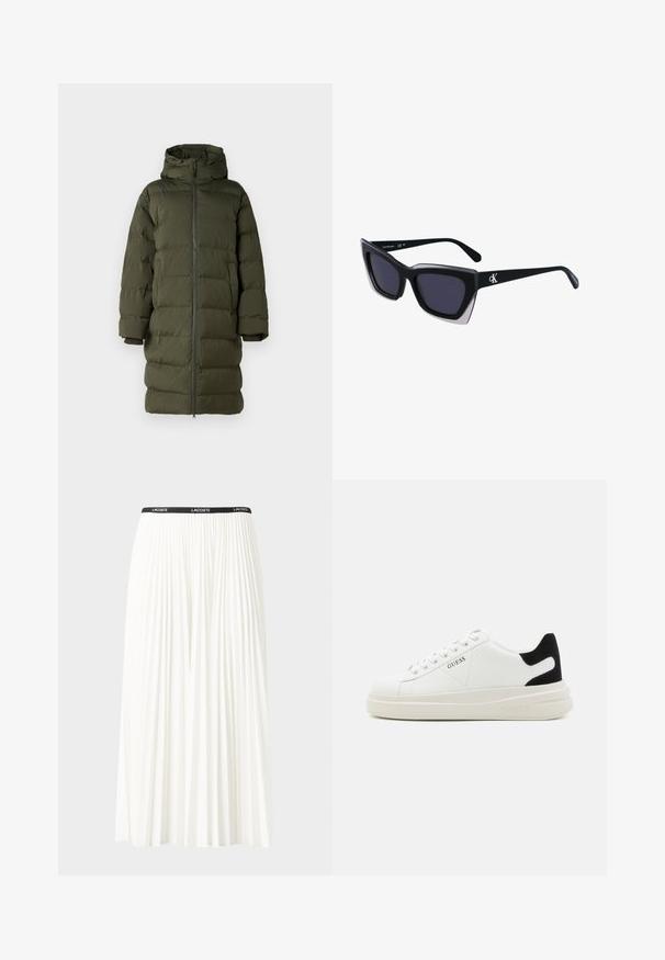 Maslinasto zeleni pufasti kaput s kapuljačom, koji ima puni prednji zip, zakvačen dizajn i manžete na rukavima. Glatki, izolirani materijal.; Pamučna majica s horizontalnim tamnoplave pruge na bijeloj pozadini. "Tommy Hilfiger" izvezeno kurzivom na prsima. Okrugli izrez.; Nabrana bijela suknja s crnim elastičnim pojasom na kojem se nalazi logo "LACOSTE". Srednje dugačak dizajn s mekim teksturom.; Bijele kožne tenisice s debelim bijelim potplatom, crnim zamšastim akcentom na peti i ugraviranim logom sa strane. Dizajn s vezicama i šest rupa za vezivanje.; Crne oversize sunčane naočale geometrijskog oblika, s tamnim staklima i kontrastnom sivom dekoracijom na okviru. Logo na dršci.
