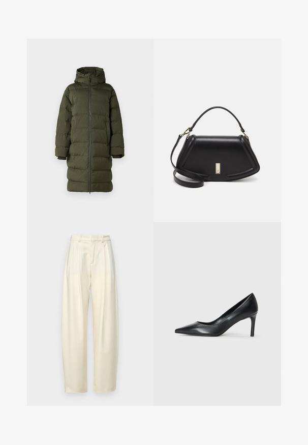 Olijfgroene pufferjas met een capuchon, voorzien van een volledige rits aan de voorkant, een gewatteerd ontwerp en cuffs. Glad, geïsoleerd materiaal.; Zwarte katoenen t-shirt met een ronde hals, korte mouwen en een geborduurd logo op de borst. Eenvoudige, comfortabele pasvorm zonder patronen.; Plooibare, hoge taillebroek van licht crèmekleurige stof. Heeft een rechte_snit en een soepele textuur. Geen zakken of zichtbare hardware.; Zwarte leren pump met spitse neus en een slanke hak, gladde textuur en geen zichtbare versieringen. Schoon ontwerp met een minimalistische esthetiek.; Zwarte leren handtas met een gestructureerd ontwerp, featuring een verkorte vorm, bovenhandvat en gouden hardwareaccent. Inclusief verstelbare schouderband.