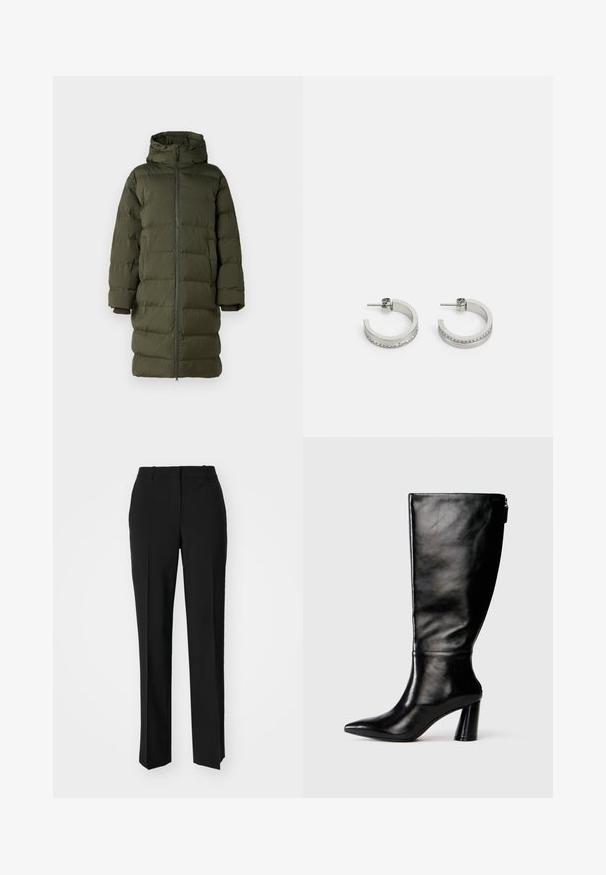 Olivově zelený péřový kabát s kapucí, s celopropínacím zipem, prošívaným designem a manžetami. Hladká, izolační látka.; Černé bavlněné tričko s kulatým výstřihem, krátkými rukávy a vyšitým logem na hrudi. Jednoduchý, volný střih bez vzorů.; Černé kalhoty na míru se střihem do rovna, které mají hladkou texturu a ostré sklady na přední straně. Bez viditelného kování.; Černá kožená vysoká boot do půli lýtek s špičatou špičkou, hladkou texturou a masivním podpatkem. Obsahuje zip na zadní straně.; Stříbrné kruhové náušnice s hladkým povrchem a řadou malých průhledných kamínků podél spodního okraje, s uzávěrem na kolíček.