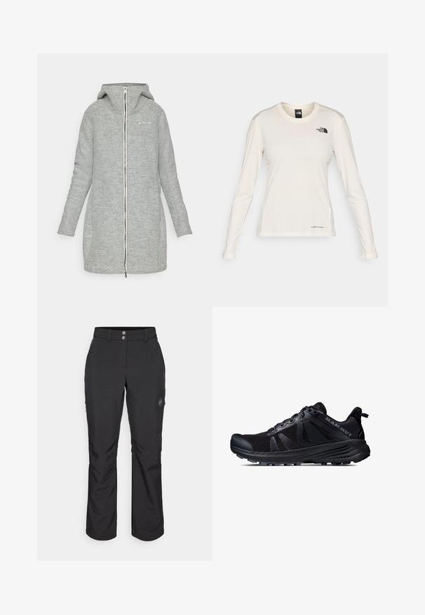 Šedá, kabát sahající po kolena vyrobený z texturované látky. Má kapuci, plný zip vpředu a nenápadné logo na hrudi.; The North Face SHADOW LONG SLEEVE - Top s dlouhým rukávem - white dune; Černé venkovní kalhoty se střihy rovného kroje, s knoflíkovým zapínáním, zipovými bočními kapsami a logem na levém stehně.; Černá běžecká obuv na trail s vrchní částí z prodyšné síťoviny a gumovou podešví. Obsahuje texturované překryvy, vyztuženou špičku a logo značky na patě.