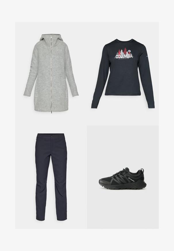 Casaco cinza, até aos joelhos, feito de um tecido texturizado. Apresenta um capuz, fecho éclair frontal completo e uma marcação subtil no peito.; Camisa de mangas longas cinza escuro com um gráfico de árvores vermelhas e montanhas; logótipo "COLUMBIA" em texto branco em negrito. Tecido suave, cuello redondo padrão.; Calças azul-marinho feitas de tecido liso, com fecho frontal em botão, design slim-fit e detalhes pregueados nos joelhos.; Columbia PEAKFREAK - Sapatos de caminhada - black