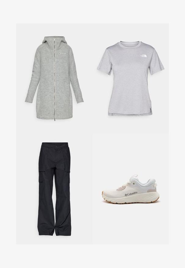 Pilkos, iki kelių siekiančios striukės, pagamintos iš tekstūruoto audinio. Yra gobtuvas, visiškai užtraukiama priekyje ir subtilus ženklinimas ant krūtinės.; Pilkas trumpomis rankovėmis marškinėliai, pagaminti iš minkštos, drėgmę sugeriančios medžiagos. Turi apvalią iškirptę ir mažą baltą logotipą viršutiniame kairiajame kampe.; Columbia BREA FALLS™ COTTON RIPSTOP PANT - Lauko kelnės - black; Lengvas Columbia sportinis batelis balto tinklinio audinio su tekstūruota pilka padanga ir guma sukibimui. Yra paminkštinta apykaklė ir raištelių dizainas.