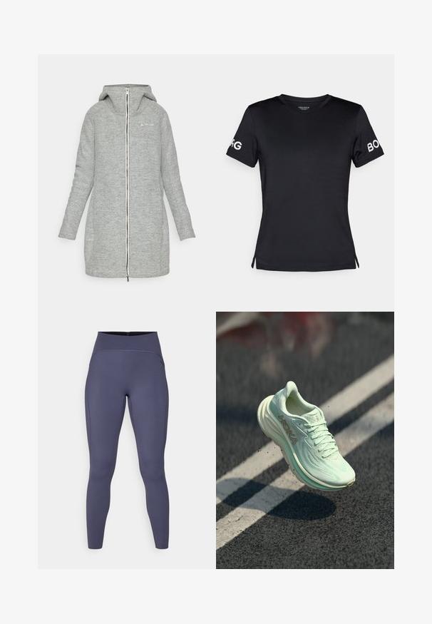 Sivka jakna do kolen iz teksturiranega materiala. Ima kapuco, poln zadrgo spredaj in subtilen napis na prsih.; Črna kratka majica s kratkimi rokavi iz gladkega materiala. Ima okroglo ovratnik in bel "BORG" logotip na desnem rokavu.; Leggins s visokim pasom v enotni temno sivi barvi. Narejeni so iz raztegljive tkanine z ravnimi šivi in prilegajočim, ozkim krojem nog.; HOKA tekaški čevlji v svetli mint zeleni barvi, z mrežnim zgornjim delom s teksturo, zaobljenim prstom, blaženim podplatom in izstopajočim logotipom na strani.