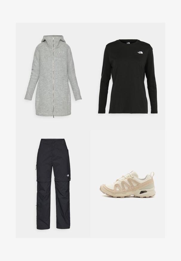 Halli, kuni põlveni ulatuv jakk, valmistatud tekstuuriga kangast. Omab kapuutsi, täispikkust tõmblukku ning diskreetset brändimist rinnal.; Must mustahiheline T-särk, millel on pikad varrukad, valmistatud puuvillast ja ümarast kaelusest. Vasakul rinnal on väike valge logo. Lihtne disain ja sobivus.; Mustad nailonist valmistatud eemaldatavad cargo-püksid, reguleeritavate pahkluudega, mitmete taskutega ja paremal jalal logoga. Sile, kerge tekstuur.; Beež ja koobalti spordijalats tekstureeritud võrkkattega, toetavad ülemised kihid ja kummist tallaga, millel on mustriga joonistus haardeks.