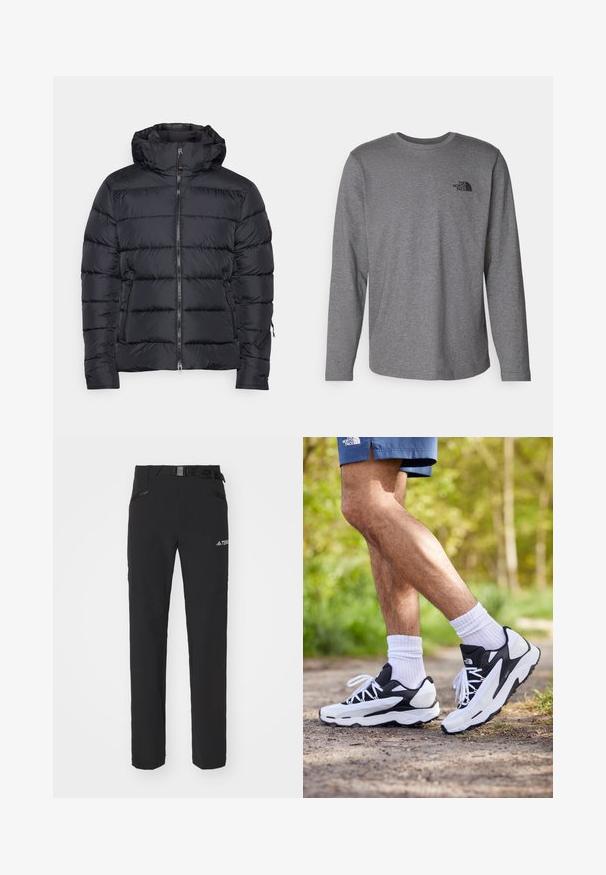 Černá péřová bunda s kapucí, má horizontálně prošívané části, přední zip a zipové boční kapsy. Hladký povrch.; The North Face M L/S SIMPLE DOME TEE - Top s dlouhým rukávem - medium grey heather; Černé venkovní kalhoty s hladkým materiálem, bočními zipovými kapsami, zesílenými částmi kolen a nastavitelným pasem se sponou.; Černobílé sportovní boty s síťovaným svrškem, texturovanými akcenty a bílými tkaničkami. Nosené s bílými kotníkovými ponožkami a námořnickými šortkami na stezce.