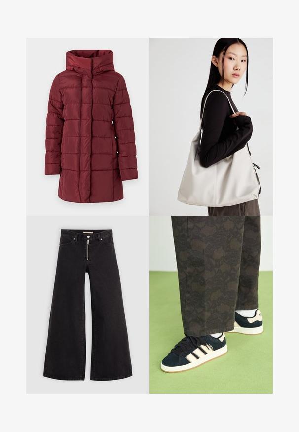 Bordo pūkuota žiemos striukė su gobtuvu, pasižyminti kvadratiniu raštu, ilgomis rankovėmis ir tiesia siluetu, teikiančia didesnį šilumą ir komfortą.; Dviejų ilgomis rankovėmis marškinėlių rinkinys, baltas ir juodas. Raukšlėta tekstūra, apvalus kaklas, prigludusi forma su šiek tiek platėjančiomis rankovėmis.; Plačios kojų džinsai iš juodo džinsinio audinio su užtrauktuku priekyje, penkių kišenių dizainu ir subtiliais siuvinėjimo akcentais. Lygus paviršius ir laisvalaikio stilius.; Juodos ir raštuotos kelnės derinamos su tamsiai mėlynais zomšiniais sportbačiais, kurie turi kremines juosteles ir baltus padus. Paviršiai rodomi tekstūruoti ir lygūs.; Bežinė rankinė, pagaminta iš minkštos medžiagos, turinti laisvą dizainą, siuvinėtas detalės ir dvi petnešos. Tinkama kasdieniam naudojimui.