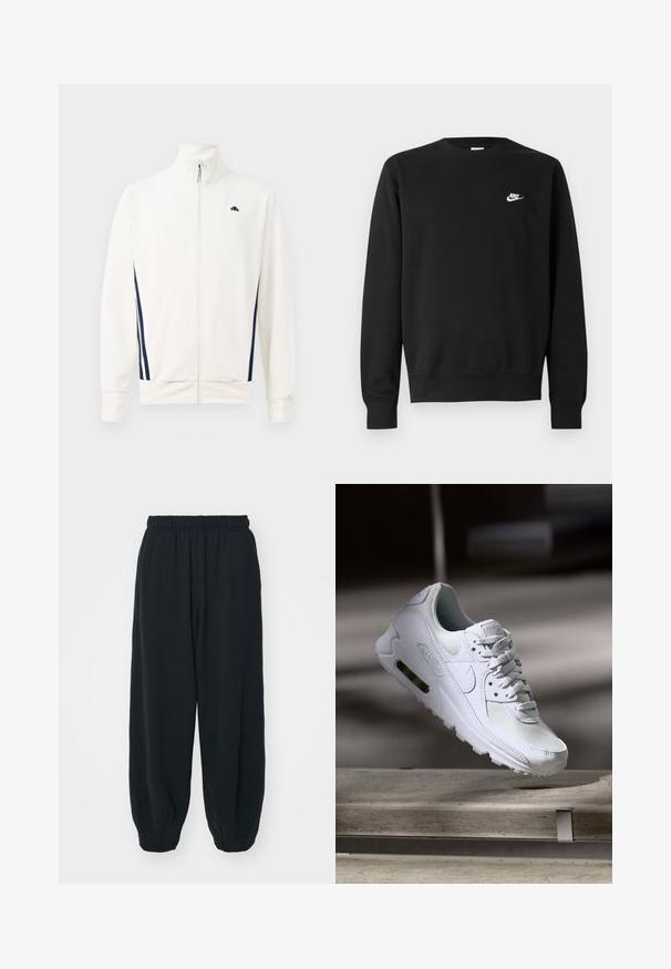 Jaqueta branca com fecho éclair, feita de um tecido suave, com riscas laterais em azul-marinho. Gola alta e logótipo no lado esquerdo do peito. Corte standard.; Sweatshirt preta de algodão, com gola redonda, mangas compridas e pequeno logótipo branco da Nike no lado superior esquerdo do peito.; Calças de fato de treino pretas, com cintura elástica e um corte solto, com punhos nas pernas, textura suave e sem padrões visíveis ou detalhes de metal.; Sapatilha Nike Air Max 90 branca com parte superior em malha e couro, caixa de dedos perfurada e uma unidade de ar visível no calcanhar.