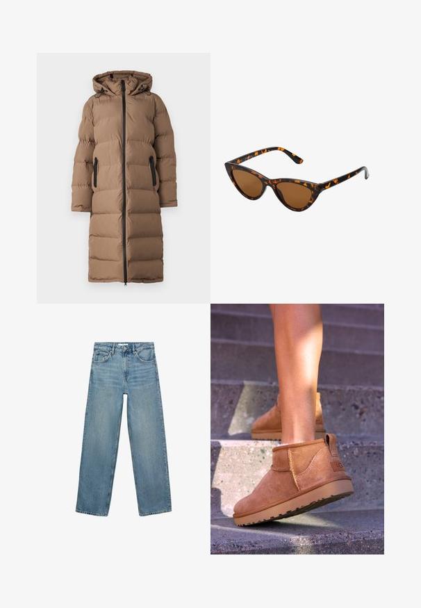ONLY Vinterfrakke - walnut; Beige rullekrave sweater lavet af blødt stof, med ribbet krave og kanter, afslappet pasform og lange ærmer. Glat tekstur, minimal design.; Lyseblå denim jeans med lige ben, høj talje, fem lommer og kontraststing. Ingen dekorationer eller mønstre er til stede.; Tan ruskind ankelstøvler med en blød tekstur, stikninger og en gummisål, der har en løkkehælkappe for nem på- og aftagning.; Kat-ejede solbriller med en sort og orange skildpaddemønstret stel, brune linser og slanke, spidse ender. Har et minimalistisk logo på skabelsen.