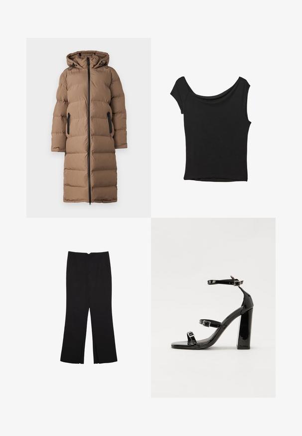 ONLY Zimski kaput - walnut; Crna majica kratkih rukava od glatkog materijala; ima drapirani izrez i asimetrični donji rub, uz prilagođeni kroj tijela.; Crne hlače ravnog kroja, s prednjim džepovima i bočnim prorezima na rubu. Izrađene od mekog i glatkog materijala. Pogodne za razne prigode.; Crne lakirane sandale na pete sa kvadratnim nosom, trakama oko gležnja i srebrnim kopčama. Imaju čvrst blok petu za stabilnost.