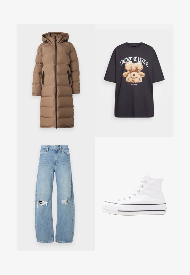 ONLY Wintermantel - walnut; Schwarzes, übergroßes T-Shirt mit einem Grafikdruck eines Bären und dem Text "NICHT SÜß, SONDERN WILD" in fetter, weißer Schrift. Baumwollmaterial.; Helles, hochtailliertes Jeans aus Denim. Hat weit geschnittene Beine, zwei aufgerissene Kniebereiche und klassischen Fünf-Taschen-Stil.; Weiße hochwertige Leinensneaker mit schwarzer Gummisohle, vorderem Gummizehenschutz und sechs Ösen für Schnürsenkel, die ein sauberes, minimalistisches Design aufweisen.