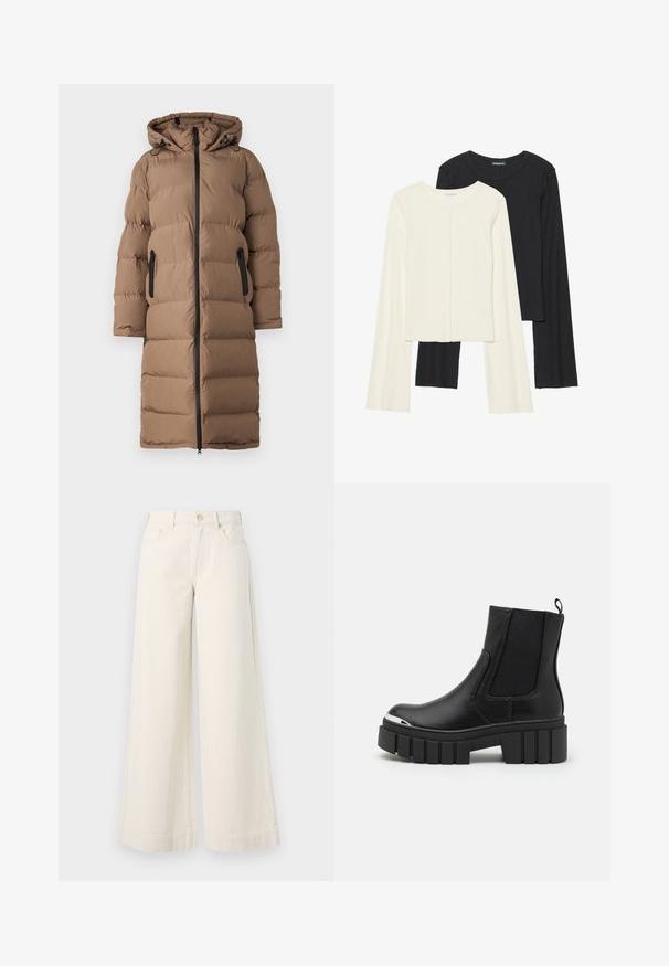 ONLY Žieminis paltas - walnut; Dviejų ilgomis rankovėmis marškinėlių rinkinys, baltas ir juodas. Raukšlėta tekstūra, apvalus kaklas, prigludusi forma su šiek tiek platėjančiomis rankovėmis.; Plati, šviesiai kreminės džinsinės kelnės su aukštu juosmeniu, dviem priekinėmis kišenėmis, mygtuko užtrauktuku ir subtilių siūlių detalėmis.; Juodos kulkšninės batai iš lygaus odos su elastingomis juostelėmis, storu platformos padu ir metaliniu pirštų dangteliu.
