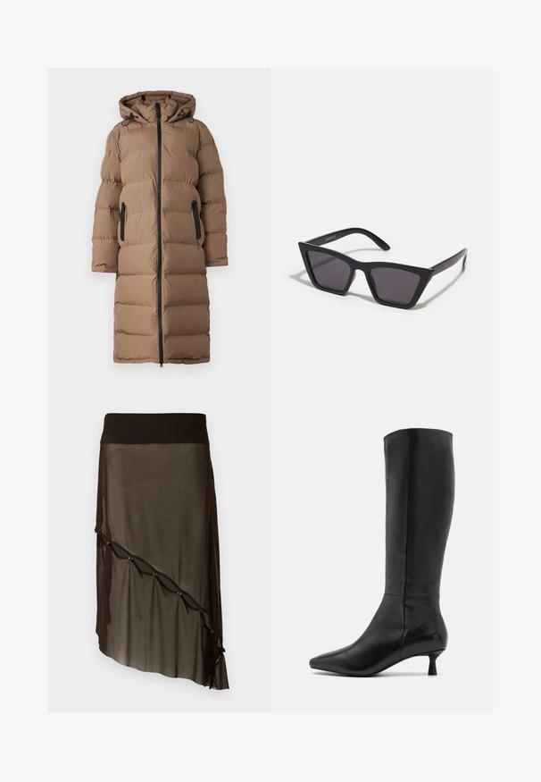 ONLY Wintermantel - walnut; Zwarte langmouw fitted crew neck shirt met een lichte textuur en een klein wit merkembleem aan de binnenkant van de kraag.; Zwarte mesh rok met een aansluitende tailleband, een asymmetrische zoom, decoratieve knopen aan de voorkant en gelaagde doorschijnende textuur.; Zign Laarzen - black; Zwarte, hoekige zonnebril met grijze lenzen; gemaakt van plastic, met dikke armen met een gladde oppervlakte en zonder zichtbare hardware.