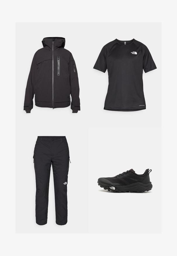 Melnā izolētā jaka ar kapuci, ar rāvējslēdzēja priekšpusi un krūšu kabatām, regulējamiem piedurknēm un gludu tekstūru.; Melna sporta krekla īsām piedurknēm ar strukturētu audumu, kas ir ar baltu logotipu kreisajā krūtīs un taisnu apakšmalu.; The North Face WINTER EXPLORATION TAPERED CARGO - Āra bikses - black; Melnas taku skriešanas kurpes ar teksturētu virsu, gumijas zoli un pastiprinātu pirkstu daļu. Aprīkotas ar mīkstu apkakli un vilkšanas cilpu, lai viegli uzvilktu.