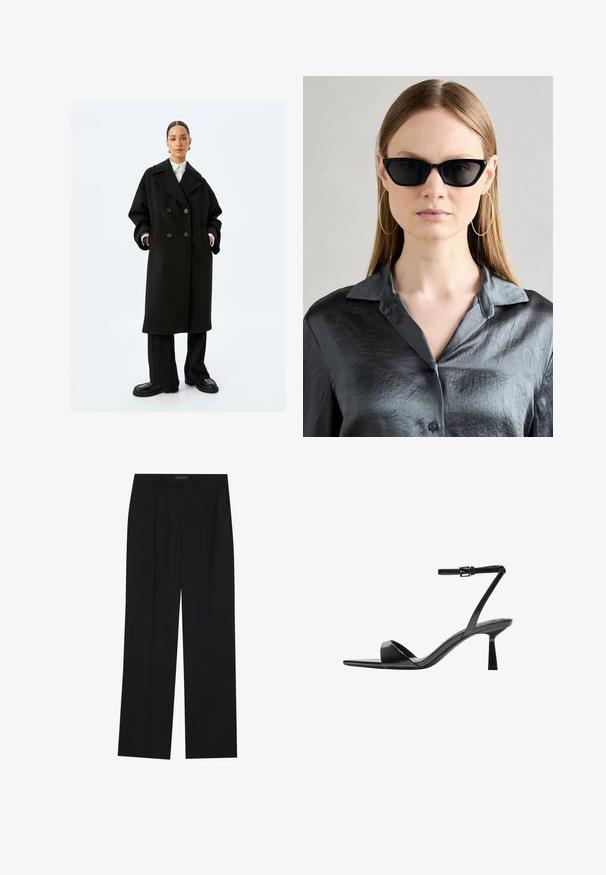 Dobbeltbrystet sort uldfrakke med store revers, to forlommer og tekstureret stof. Kombinationen med vide sorte bukser og platformsko.; Hvid kortærmet T-shirt lavet af blødt bomuld. Har en rund halsudskæring og en afslappet pasform. Rent design uden synlige mønstre eller accenter.; Sorte bukser med en lige ben-design, der har to forlommer og en talje. Lavet af et glat, let stof.; Bershka Højhælede sandaletter / Højhælede sandaler - black; Sorte cat-eye solbriller med en blank finish, båret med en tekstureret grå skjorte med knapper og krave. Store hoops øreringe er synlige.