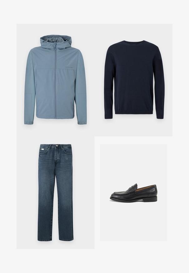Világoskék, könnyű dzseki cipzárral, kapucnival és rugalmas mandzsettával. Simaság jellemzi, letisztult dizájnnal, látható logók nélkül.; Sötétkék kötött pulóver hosszú ujjal, kerek nyakkal, bordázott mandzsettával és szegéllyel. Kicsi logó található a mellkason.; Sötétkék denim farmernadrág egyenes szabással, öt zsebbel, övhurkokkal és cipzáras nyitással. Simaság és finom fakulási részletek jellemzik.; Fekete bőr loaferek sima felülettel, lekerekített orral és díszítő varrással a lábfejen. Alacsony, réteges sarkú és enyhe fényű.