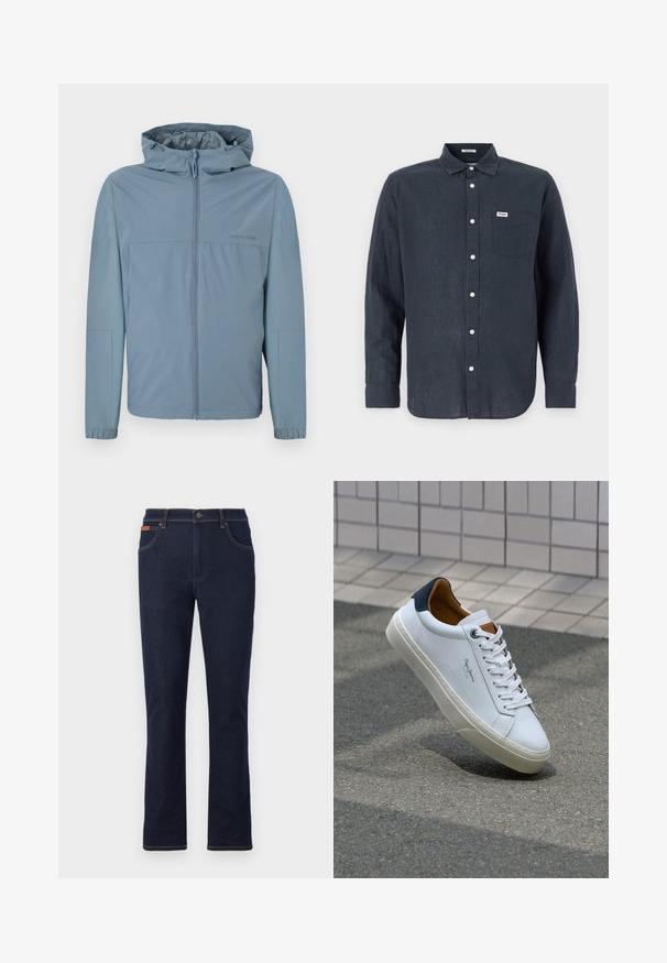 Lys blå, letvægtsjakke med lynlås i front, hætte og elastiske manchetter. Glat tekstur med et rent design og ingen synlige logoer.; Mørkeblå langærmet skjorte lavet af linned, med en knap-ned krave, forlommer og hvide knapper. Wrangler-logo på lommen.; Mørkeblå denim jeans med lige ben, prydet med orange syninger, fem lommer og en knaplukning i taljen.; Hvide lædersneakers med en marineblå hæl, rund tå og kontrasterende brune detaljer. Har flade snørebånd og en tekstureret gummisål.