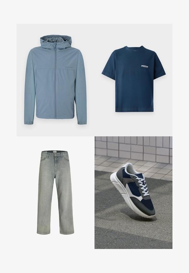Gaiši zila, viegla jaka ar rāvējslēdzēju priekšpusē, kapuci un elastīgām aprocēm. Gluda tekstūra ar tīru dizainu un bez redzamām logo.; Tumši zils kokvilnas T-krekls ar īsām piedurknēm un apaļu kakla izgriezumu. Uz kreisās krūtis ir neliels balts logo. Mīksta tekstūra.; Gai pelēki, brīvi pieguļoši džinsi no denima. Iekļauj klasisku piecu kabatu dizainu, jostas cilpas un taisnu kāju siluetu.; Sporta apavi ar tumši zilas krāsas tīkla augšdaļu, pelēku zamšādas akcentiem, baltu gumijas zoli un plakaniem baltiem šņorēm, kas izstrādāti komfortam un elpojamībai.