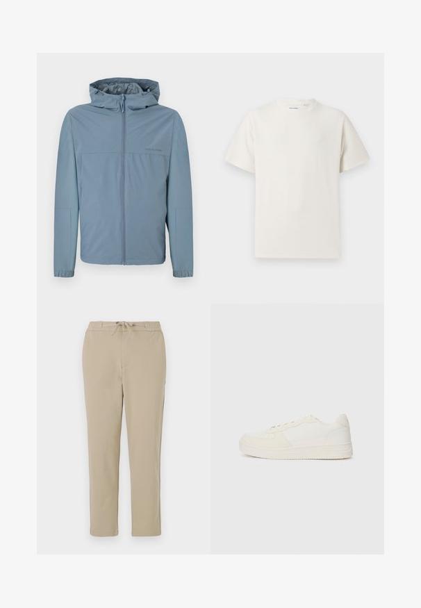 Helles blaugraues, leichtes Jacket mit Reißverschluss, Kapuze und elastischen Bündchen. Glatte Textur mit klarem Design und ohne sichtbare Logos.; Weißes T-Shirt mit kurzen Ärmeln in gerippter Textur. Runder Ausschnitt, lockere Passform, keine sichtbaren Muster oder Akzente. Einfaches und vielseitiges Design.; Beige Lounge-Hosen mit elastischem Bund und Kordelzug, im schlichten Design mit geradem Bein und weichem, glattem Material.; Weiße Sneaker mit einem Obermaterial aus glattem Leder und Wildlederakzenten. Sie verfügen über eine perforierte Zehenpartie, flache Schnürsenkel und eine Gummisohle mit strukturierten Details.