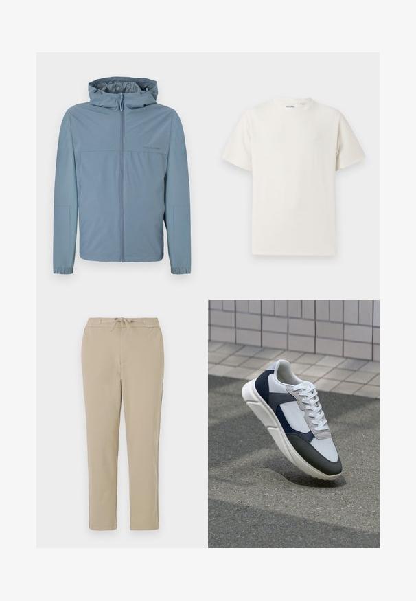 Világoskék, könnyű dzseki cipzárral, kapucnival és rugalmas mandzsettával. Simaság jellemzi, letisztult dizájnnal, látható logók nélkül.; Fehér, rövid ujjú póló bordázott textúrával. Kerek nyakkivágás, laza szabás, nincs látható minta vagy díszítés. Egyszerű és sokoldalú dizájn.; Beige lounge nadrág, rugalmas derékrésszel és húzózsinórral, egyenes lábvonal kialakítással és puha, sima textúrával.; Fehér, tengerészkék és szürke sneaker vegyes anyagokból készült dizájnnal, amely textúrázott felsőrésszel, lapos fűzőkkel és párnázott talppal rendelkezik.