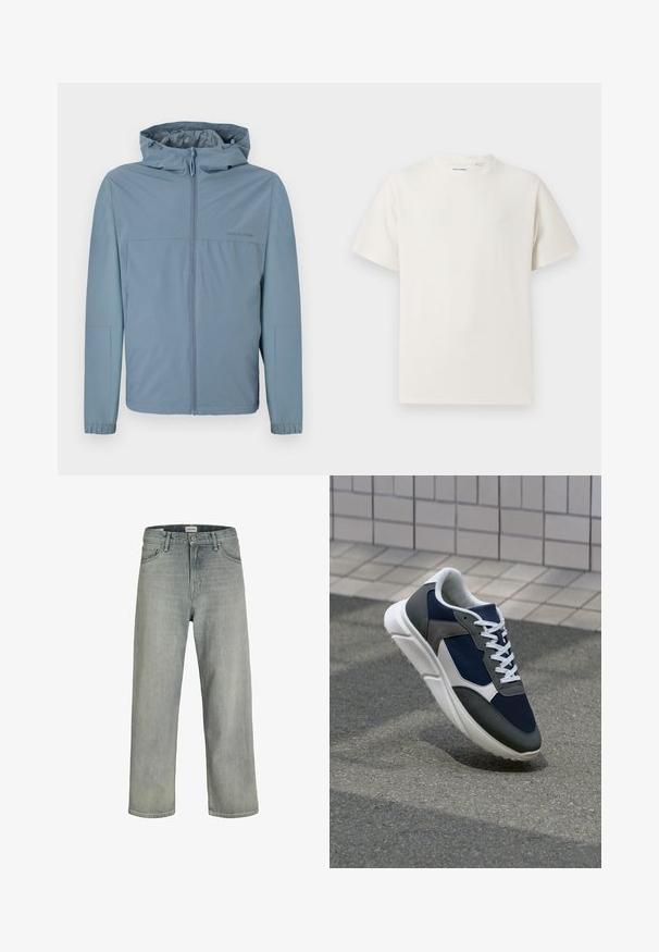 Helles blaugraues, leichtes Jacket mit Reißverschluss, Kapuze und elastischen Bündchen. Glatte Textur mit klarem Design und ohne sichtbare Logos.; Weißes T-Shirt mit kurzen Ärmeln in gerippter Textur. Runder Ausschnitt, lockere Passform, keine sichtbaren Muster oder Akzente. Einfaches und vielseitiges Design.; Hellgraue, locker sitzende Jeans aus Denim. Verfügt über ein klassisches Fünf-Taschen-Design, Gürtelschlaufen und eine gerade Bein-Silhouette.; Sneaker mit einem Obermaterial aus navyblauem Mesh, grauen Wildlederelementen, einer weißen Gummisohle und flachen weißen Schnürsenkeln, entworfen für Komfort und Atmungsaktivität.