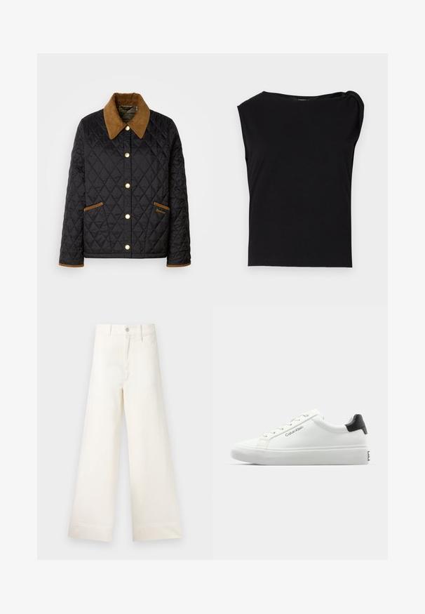 Black quilted jacket with a brown corduroy collar, gold snap buttons, and accented pockets. Features diamond pattern and logo detail.; Black short-sleeve top made of smooth fabric. Features a round neckline and draped detail on the shoulder. Simple, fitted design.; Wide-leg trousers in light beige cotton. Features a high waist, front pockets, and a straight cut. Clean hem finishing without patterns.; White sneaker with a smooth finish, black heel accent, and lace-up design. Features "Calvin Klein" branding on the side. Minimalist style.