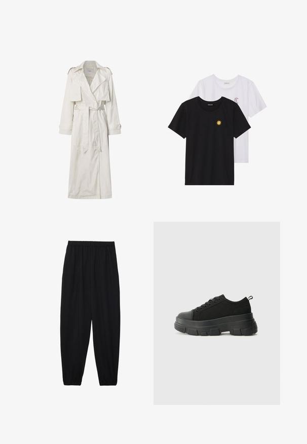 Trench coat largo de color beige, confeccionado en una tela ligera. Presenta solapas anchas, cintura ceñida con cinturón y puños abotonados, además de bolsillos laterales.; Camisetas en blanco y negro, de cuello redondo y mangas cortas. La camiseta negra presenta un bordado de sol amarillo; la blanca tiene un detalle de luna creciente en púrpura.; Pantalones negros, ligeros, con cintura elástica y tobillos fruncidos. La tela es suave y presenta un diseño relajado y ajustado.; Zapatillas negras con suela de goma gruesa, parte superior de tela texturizada, punta redonda y diseño con cordones. Presenta ojales reforzados y tirador en la parte trasera.