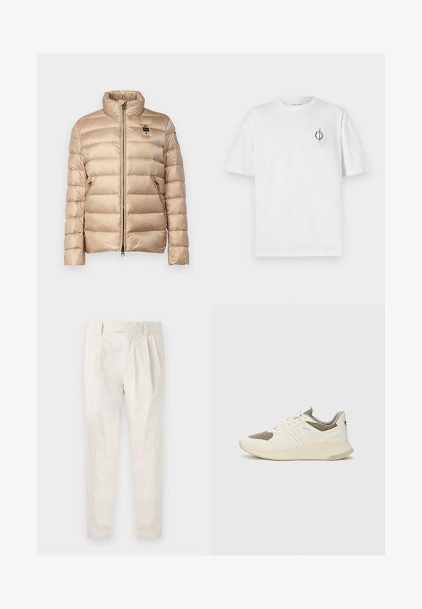 Blauer AUSTIN - Down jacket - beige; White cotton t-shirt with a relaxed fit, featuring a small black graphic logo on the left chest area. Short sleeves, crew neck style.; White, pleated trousers with a tailored fit, featuring a smooth texture, belt loops, and tapered legs. No visible pockets or patterns.; White and light beige athletic sneaker, featuring a mesh upper, perforated detailing, and a textured midsole with branding on the heel.