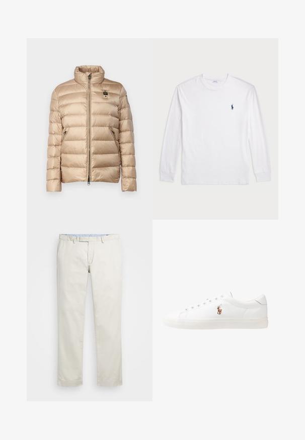 Blauer AUSTIN - Páperová bunda - beige; Biele tričko s dlhým rukávom vyrobené z bavlny. Má okrúhly výstrih, pružné manžety a malé námornícky modré logo polo na ľavej hrudi.; Béžové bavlnené chinos nohavice s plochým predným dielom, pútka na opasok a bočnými vreckami. Rovný strih s hladkou textúrou a ľahkým, priedušným pocitom.; Biele kožené tenisky s nízkym strihom, s hladkou textúrou, okrúlym špičkou, šnurovaním vpredu a malým vyšitým logom na boku.