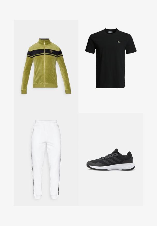 Vihreä samettinen vetoketjupaita mustilla ja keltaisilla raitoilla rinnan kohdalla. Korkea kaulus ja kultasävytteinen vetoketju.; Musta puuvillapaita, jossa on pyöreä kaula-aukko, lyhyet hihat ja pieni vihreä krokotiililogo vasemmassa rinnassa. Sileä kuitu, rento muotoilu.; Valkoiset collegehousut, joissa on joustava vyötärö ja mustat sivuraidat sekä hihansuut. Ne ovat valmistettu pehmeästä kankaasta, jolla on sileä pinta.; Musta urheilukenkä, jossa on teksturoidut päälliset, kolme vaakasuoraa raitaa ja valkoinen pohja, jossa on kuvioitu kulutuspinta. Kevyt ja virtaviivainen muotoilu.