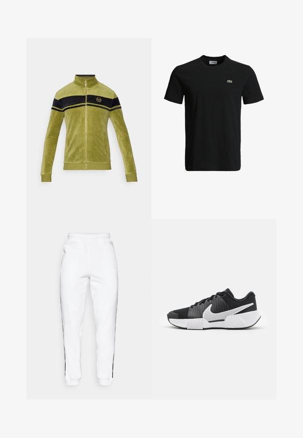 Velour zip-jakke i olivengrøn med sorte og gule striber på tværs af brystet. Høj krave og lynlås i guldton.; Sort bomulds T-shirt med rund halsudskæring, korte ærmer og et lille grønt krokodille-logo på venstre bryst. Glat tekstur, afslappet design.; Hvide sweatsbukser med elastisk talje, udstyret med sorte sidestriber og manchetter. Lavet af blødt stof med en glat tekstur.; Sorte athletic sko med en tekstureret overdel, hvidt swoosh-logo, polstret hæl og en kontrasterende hvid sål med et zigzagmønster.
