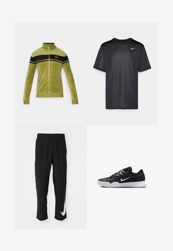 Sametová bunda na zips v olivovo zelenej farbe s čiernymi a žltými pruhmi naprieč hrudníkom. Vysoký golier a zlatý zips. ; Čierne športové tričko s krátkym rukávom, okrúhlym výstrihom, vyrobené z hladkej tkaniny. Obsahuje malé biele logo Nike na hornej ľavej strane.; Čierne športové nohavice s elastickým pásom, zúžený strih, s veľkým bielym logom Nike na ľavom stehne. Mäkká, ľahká tkanina.; Čierna športová topánka s textúrovaným zvrškom, bielym logom Nike a bielou gumovou podrážkou. Má šnurovací dizajn a dynamický tvar.