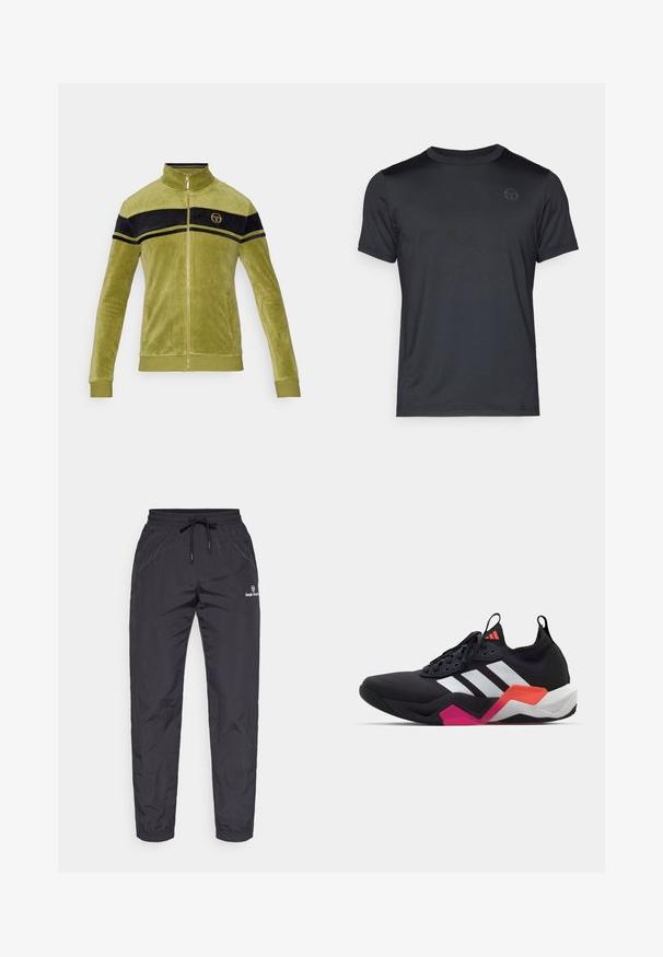 Zeleni samburasti zip-up kaput s crnim i žutim trakama preko grudi. Visoki ovratnik i zlatna zip zatvarač.; Crna kratka majica s kratkim rukavima i okruglim izrezom, napravljena od glatkog materijala, s diskretnim logotipom na prsima i urednim šavovima.; Crne, lagane, vodootporne trenirka s elastičnom strukom i podesivim vezicom. Ima sužene nogavice i detalj s logotipom.; Crne atletske tenisice s bijelim prugama, teksturiranim gornjim dijelom i debelim potplatom s narančastim, ružičastim i bijelim detaljima. Dizajn s vezicama i trakom za povlačenje.