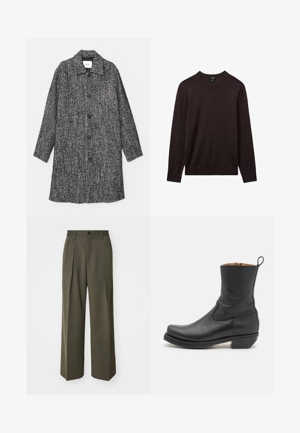 NN.07 FRANCO - Klassischer Mantel - black; Reiss Strickpullover - dark bordeaux; Filippa K WIDE TROUSERS - Stoffhose - driftwood; Schwarze Leder-Stiefelette mit glatter Oberfläche, schlankem Profil, seitlicher Naht und niedrigem, quadratischen Absatz. Verfügt über eine Zuglasche an der Rückseite.