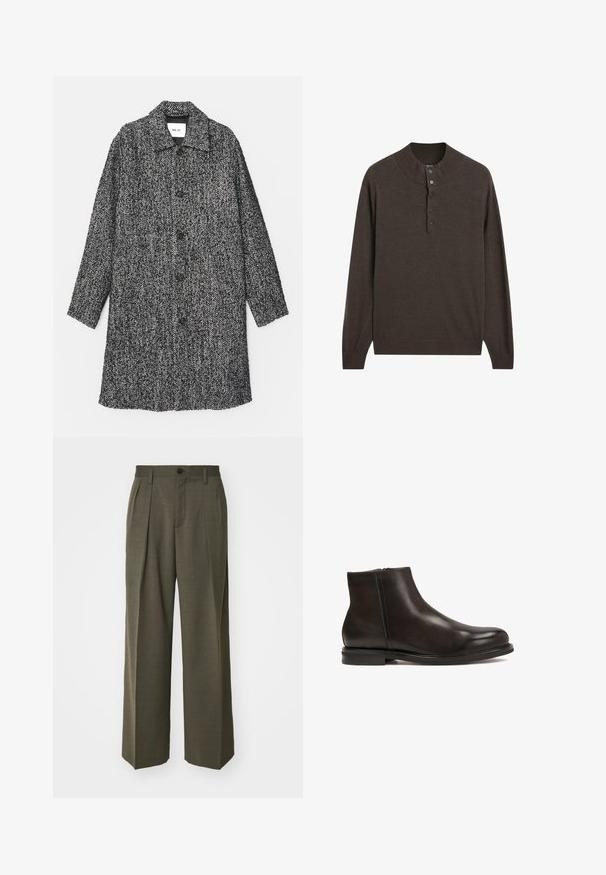 NN.07 FRANCO - Klassischer Mantel - black; Brauner Langarm-Pullover mit hohem Kragen und einer Knopfleiste mit drei Knöpfen. Aus weichem Stoff gefertigt, zeichnet er sich durch eine glatte Textur und gerippte Bündchen aus.; Filippa K WIDE TROUSERS - Stoffhose - driftwood; Schwarze Leder-Ankle-Boots mit glatter Textur, runder Zehenform und niedrigem Absatz. Verfügt über einen seitlichen Reißverschluss für einfaches An- und Ausziehen.