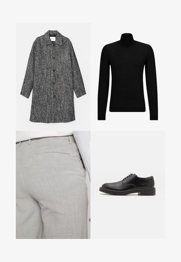 NN.07 FRANCO - Cappotto classico - black; Maglione a collo alto nero realizzato in materiale morbido, con maniche lunghe e vestibilità aderente. Bordo a coste all'orlo e ai polsini. Design semplice.; Pantaloni sartoriali grigio chiaro realizzati in tessuto strutturato, con una tasca posteriore singola e cuciture pulite.; Scarpa nera in pelle con lacci, punta tonda, texture liscia, cuciture minime e tacco in gomma basso. Logo sul tacco.