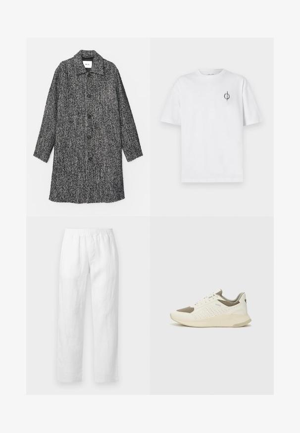 NN.07 FRANCO - Klasičan kaput - black; Bijela pamučna majica s opuštenim krojem, s malim crnim grafičkim logotipom na lijevoj prečki. Kratki rukavi, okrugli izrez.; Bijele lanene hlače s elastičnim pojasom, ravnim krojem i mekanom teksturom bez vidljivih uzoraka ili metalnih detalja.; Bijele i svijetlosmeđe sportske tenisice, sa mrežastim gornjim dijelom, perforiranim detaljima i teksturiranim međutrakom sa brendom na peti.