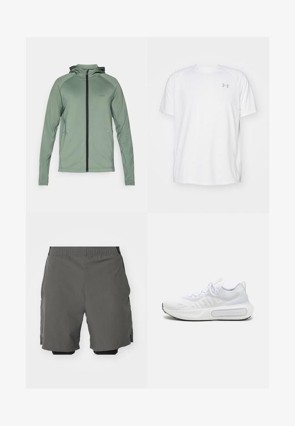 Jaqueta verde leve com fecho éclair e capuz, apresentando fecho e detalhes em preto, feita de um material liso e elástico. Logótipo BOSS no peito.; Camisola atlética de mangas curtas brancas, feita de um tecido suave. Apresenta um decote redondo e um logótipo cinza no lado esquerdo do peito, com aberturas laterais na barra.; Calças curtas atléticas cinzentas com um tecido leve e suave, cintura elástica, com calções de compressão interiores e bolsos laterais.; Sapatilha desportiva branca com um upper em malha texturizada, fecho com atacadores, sola almofadada e um detalhe de marcação distintiva na lateral.