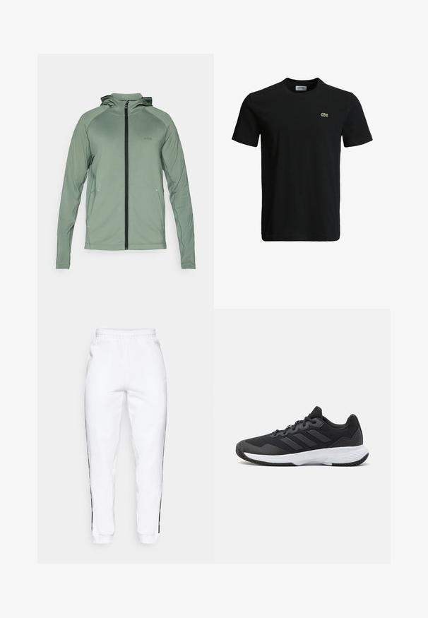 Grønn lett glidelåsjakke med hette, med svart glidelås og detaljer, laget av glatt, elastisk materiale. BOSS-logo på brystet.; Svart bomulls T-skjorte med rund hals, korte ermer, og en liten grønn krokodille-logo på venstre bryst. Glatt tekstur, uformelt design.; Hvite joggebukser med elastisk midje, med svarte sidestriper og mansjetter. Laget av myk stoff med en glatt tekstur.; Svart idrettssko med teksturert overdel, tre horisontale striper, og en hvit såle med mønstret gummibunn. Lettvekts og strømlinjeformet design.