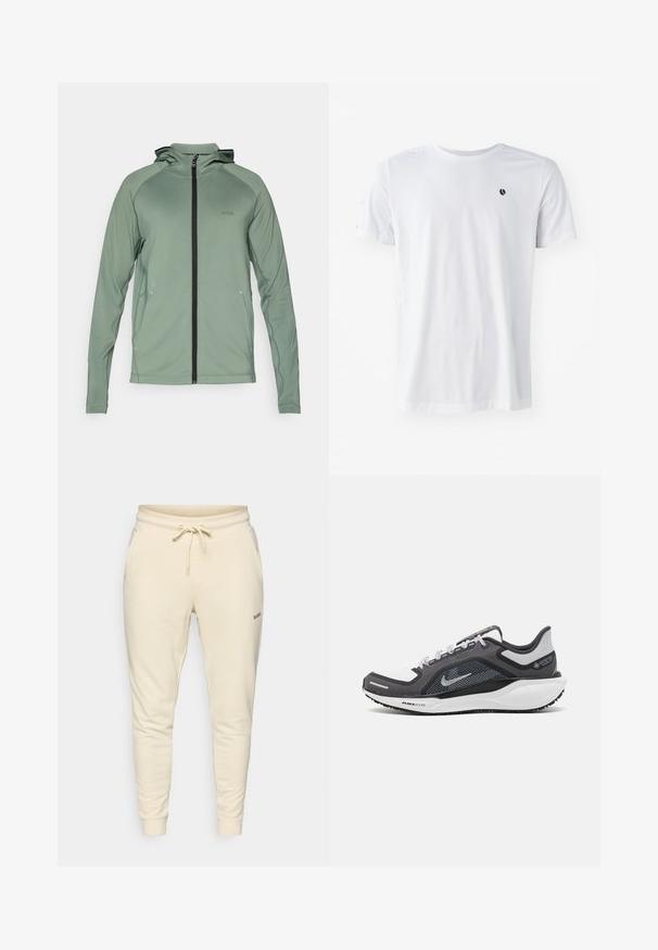 Zöld, könnyű, cipzáros dzseki kapucnival, fekete cipzárral és kiegészítőkkel, sima, rugalmas anyagból készült. A mellkason a BOSS logó található.; Fehér, rövid ujjú póló sima anyagból, amelyen kis fekete logó található a mellkason, valamint diszkrét vállrész díszítéssel.; Krém színű, puha anyagú melegítőnadrág, elasztikus derékkal és húzózsinórral, oldalsó zsebekkel és bordázott mandzsettákkal.; Fekete és szürke sportcipő, hálós felsőrésszel, fényvisszaverő részletekkel és fehér középtalppal. A talpa texturált gumiból készült, és fűzőkkel rendelkezik.