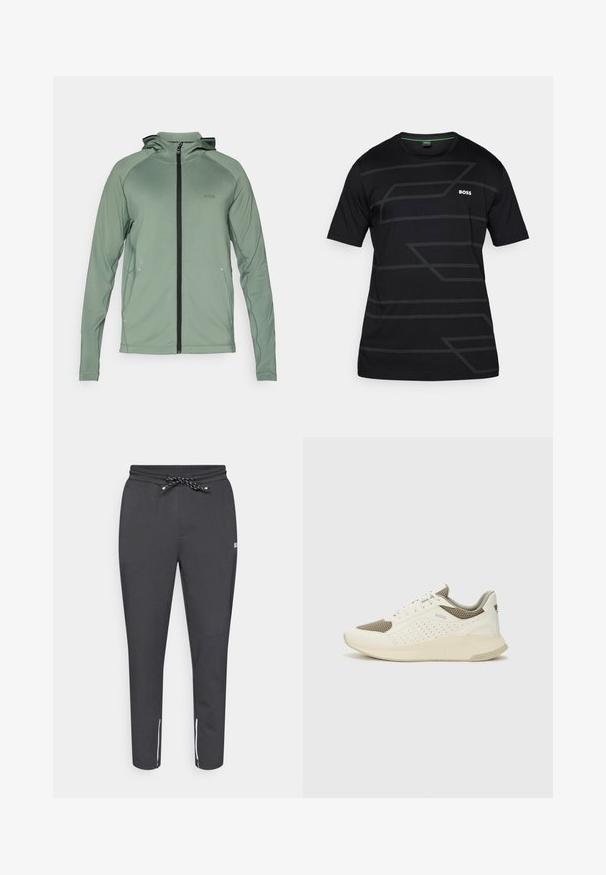Jaqueta verde leve com fecho éclair e capuz, apresentando fecho e detalhes em preto, feita de um material liso e elástico. Logótipo BOSS no peito.; T-shirt preta de mangas curtas feito de um tecido suave, com um padrão geométrico subtil e o logótipo "BOSS" em branco no peito.; Joggers pretos afunilados com cintura elástica ajustável, bolsos laterais com zíper e detalhes brancos no tornozelo. Feitos de um tecido liso e elástico.; Sapatilha atlética branca e bege claro, com parte superior em malha, detalhes perfurados e uma entressola texturizada com marcação no calcanhar.