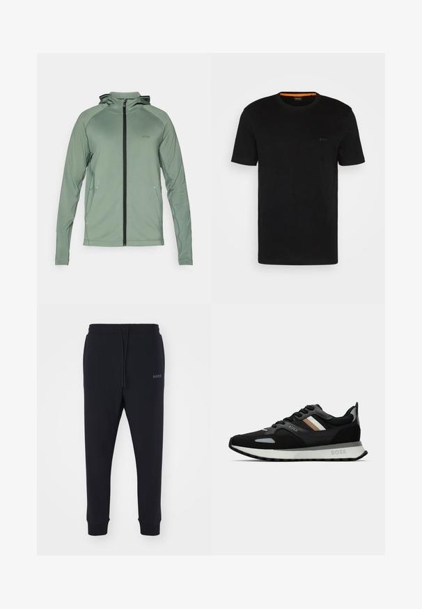 Groene lichtgewicht ritjack met capuchon, voorzien van een zwarte rits en accenten, gemaakt van glad, rekbaar materiaal. BOSS-logo op de borst.; Zwarte korte mouwen t-shirt gemaakt van zachte stof, met een ronde halslijn en een subtiel logo op de voorkant. Binnenkant van de kraag heeft een oranje accent.; Zwarte joggingsbroek van zacht materiaal met een elastische tailleband, trekkoord en taps toelopende benen. Heeft een klein logo aan de zijkant.; Zwarte hardloopschoen met een gestructureerd oppervlak, lichtgrijze accenten en drie horizontale strepen in bruin. Voorzien van een witte, gevoerde zool.